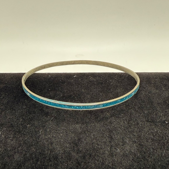 Vintage Mexico Silver Turquoise Inlaid Bangle Bracelet - Picture 1 of 4
